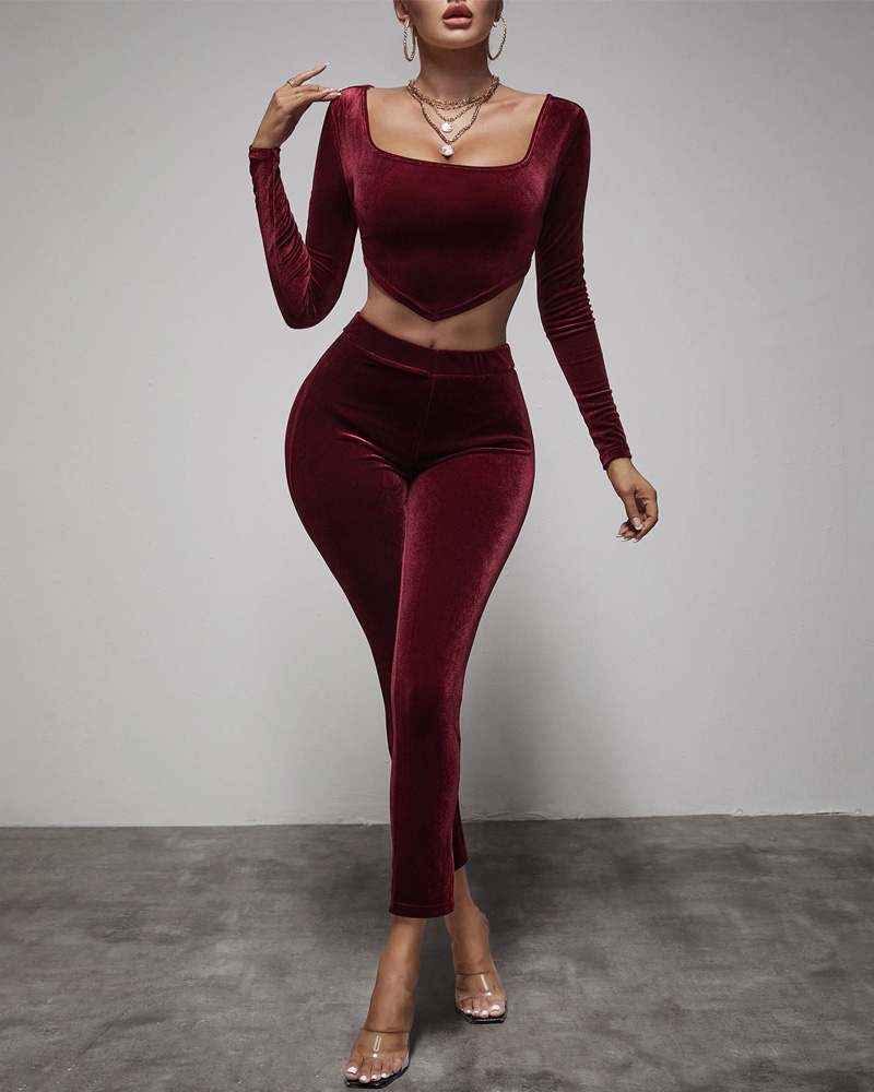 

Velvet Long Sleeve Hanky Hem Crop Top & Pants Set, Red