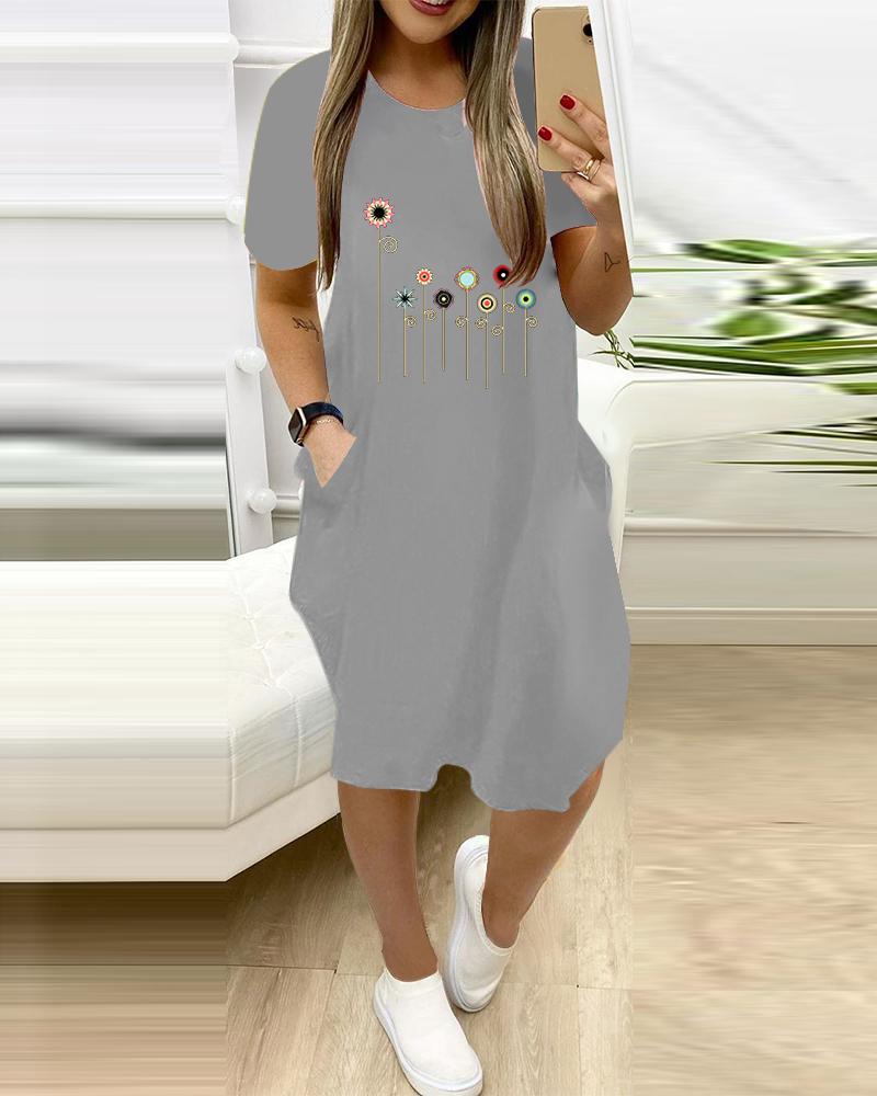 

Cartoon Flower Print Short Sleeve Midi Dress With Pockets, Gray