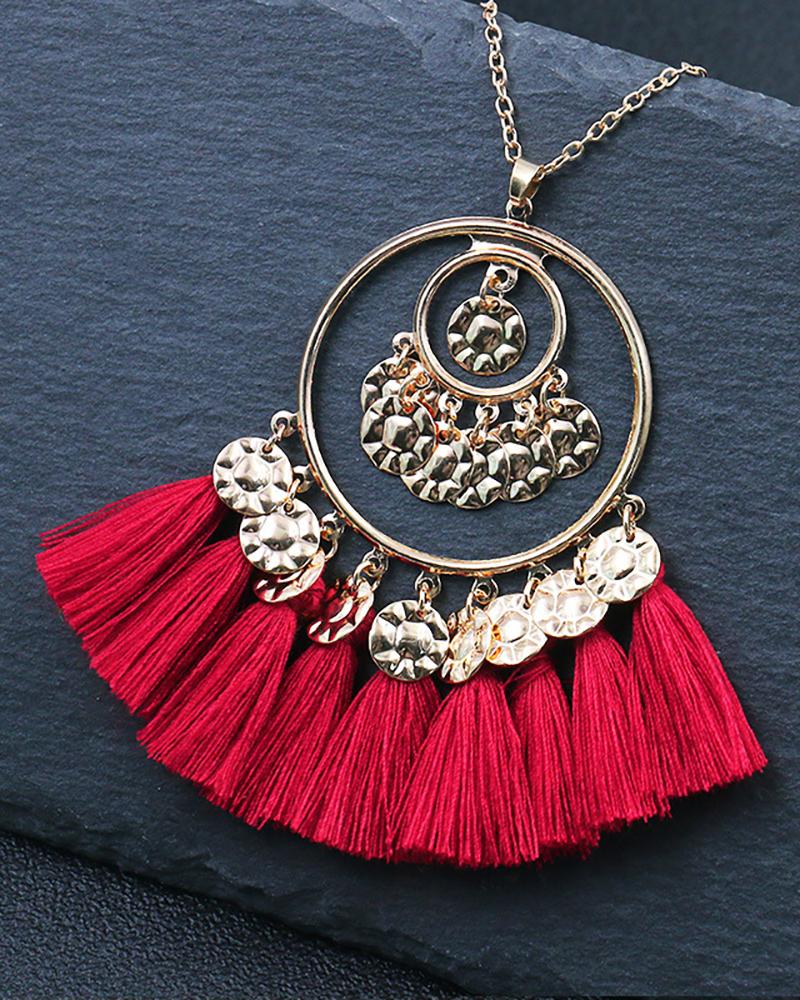 

1Pair Disc Tassel Design Round Shaped Drop Earrings, Red