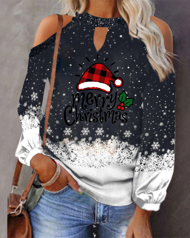 

Merry Christmas Snowflake Print Cold Shoulder Top, Black