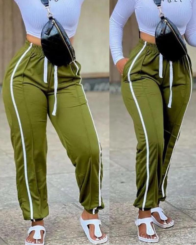 

Contrast Piping Drawstring Cuffed Pants, Green