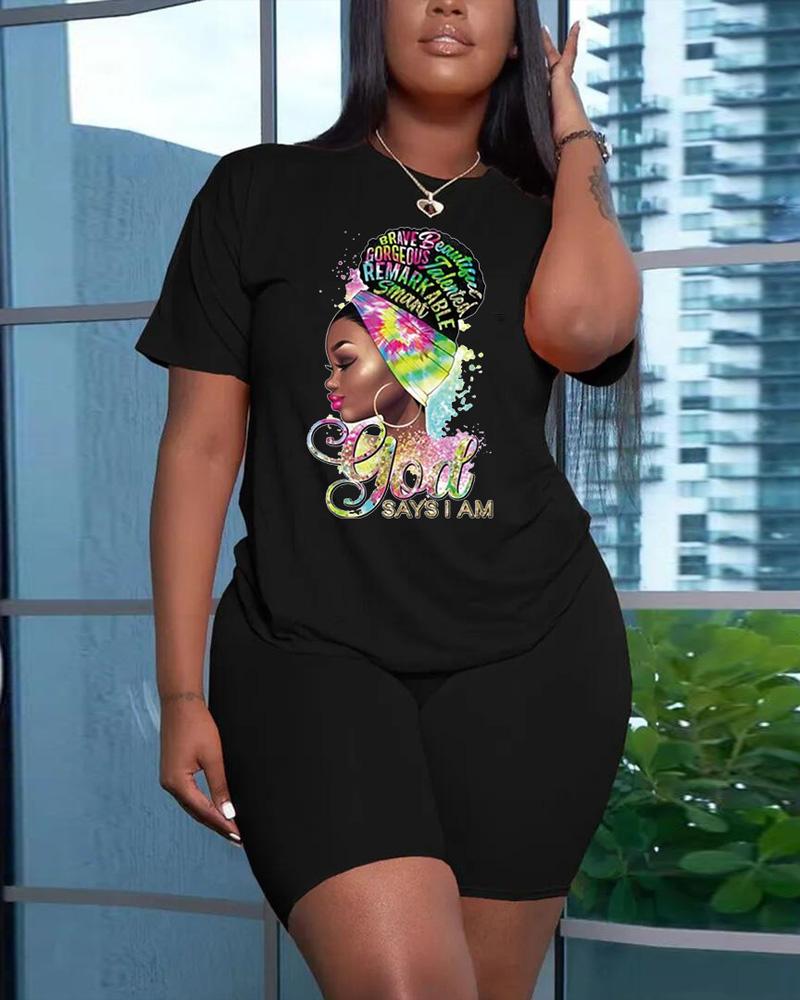 

Plus Size Figure Letter Print Casual Top & Shorts Set, Black