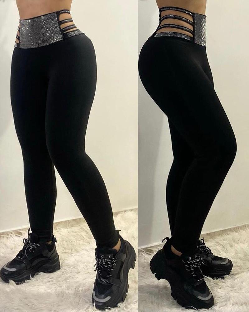

Studded Ladder Cutout High Waisted Pants, Black
