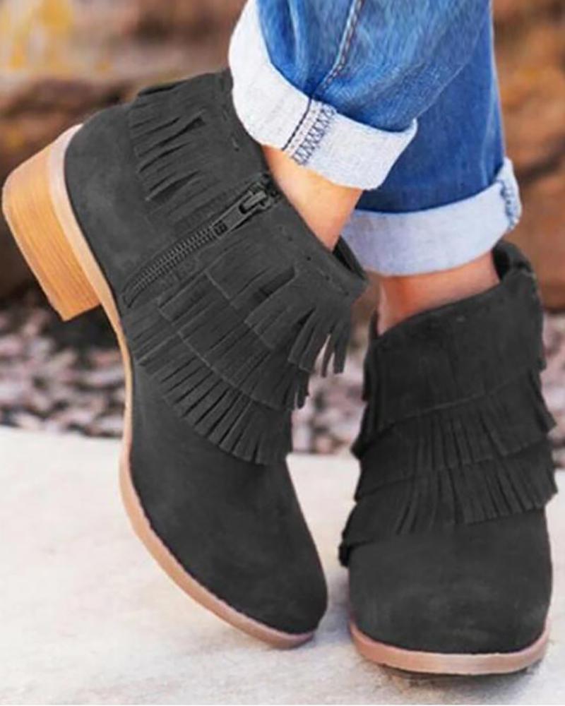 

Zipper Tassel Design Ankle Boots, Black