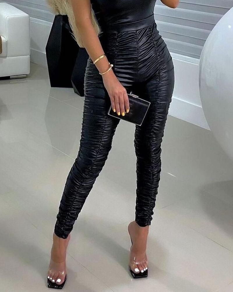 

PU Leather High Waist Ruched Skinny Pants, Black