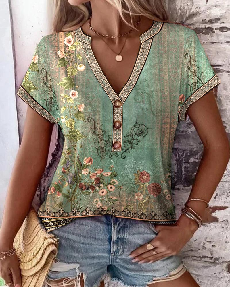 

Floral Tribal Print Notch Neck Buttoned Casual T-shirt, Multicolor
