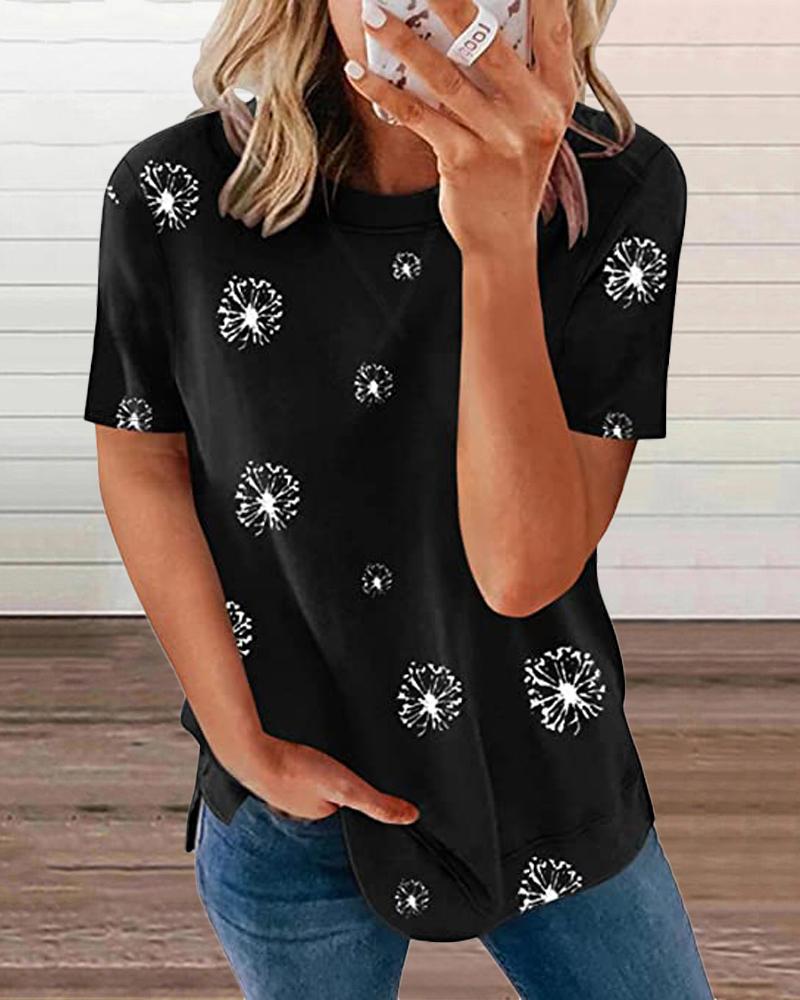 

Dandelion Print Round Neck Short Sleeve T-Shirt, Black