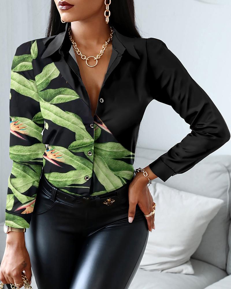 

Tropical Print Long Sleeve Buttoned Shirt, Green