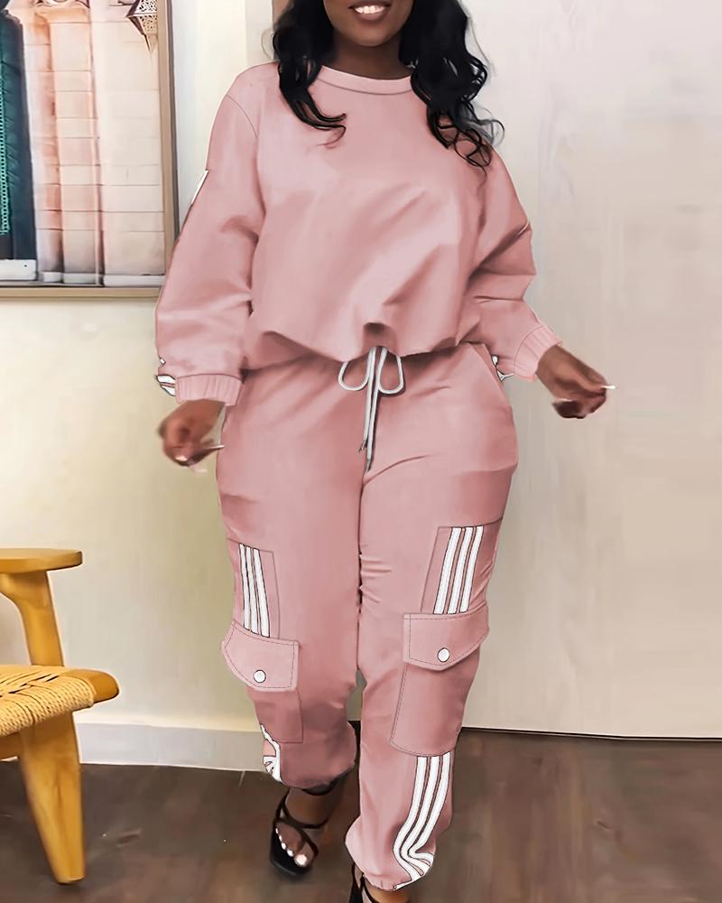 

Striped Drawstring Top & Cuffed Pants Set, Pink