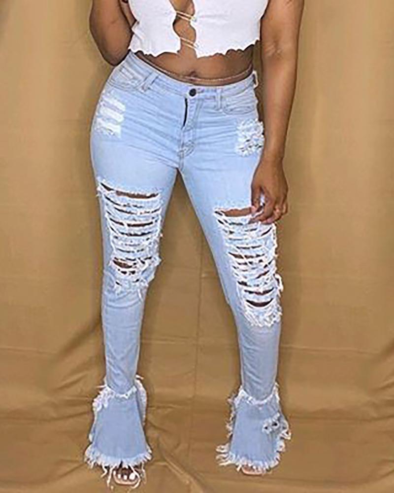 

Ripped Tassel Denim Casual Pants, Light blue