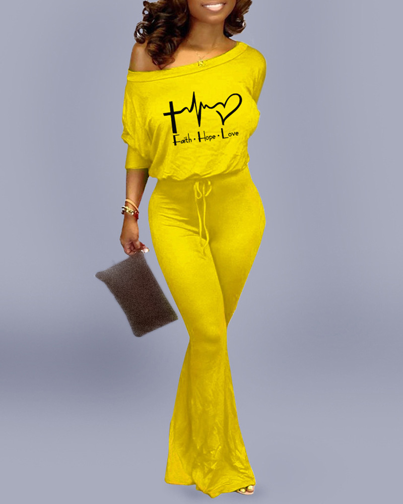 

Letter Heart Print Drawstring Bootcut Jumpsuit, Yellow