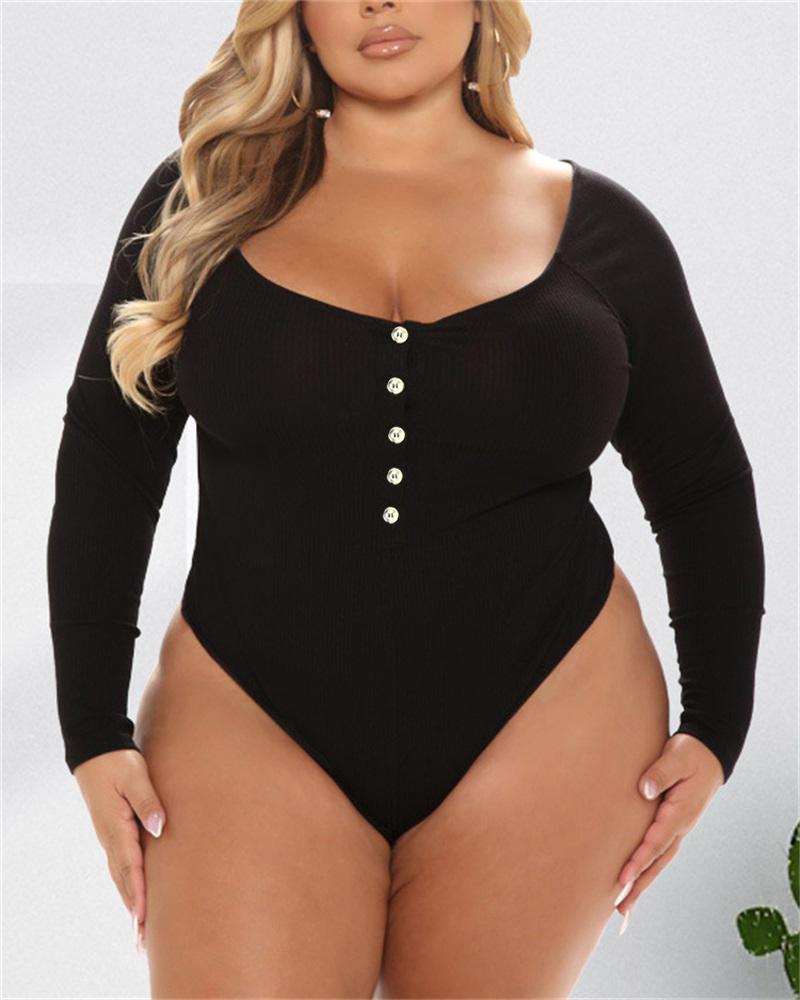 

Plus Size Button Front Long Sleeve Bodysuit, Black