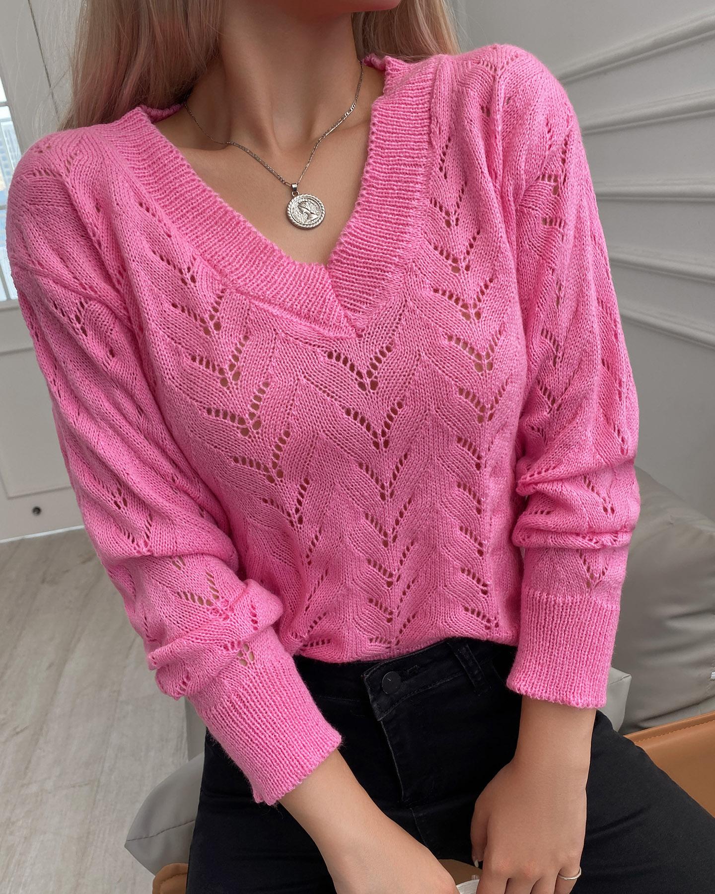 

Knit Hollow Out Long Sleeve V-Neck Sweater, Hot pink