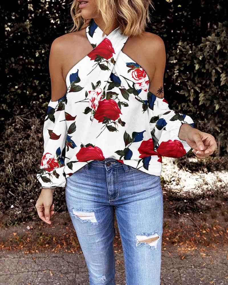 

Floral Print Crisscross Halter Cold Shoulder Top, Red