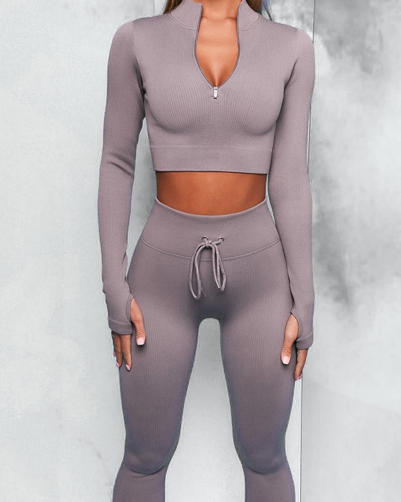 

Low Cut Plain Seamless Patchwork High Waist Active Sets, Gray