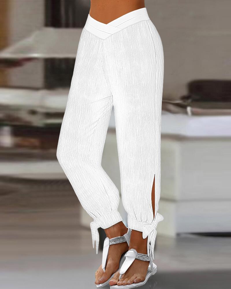 

Overlap Waist Tied Detail Textured Cuffed Pants, White