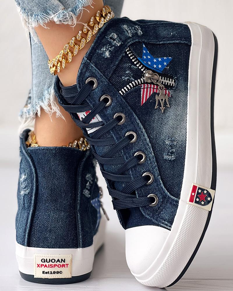 

Flag Pattern Zip Detail Lace-up Sneakers, Dark blue