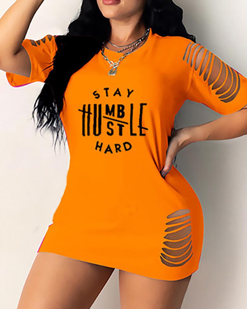 

Letter Print Ladder Cutout Short Sleeve T-shirt Dress, Orange