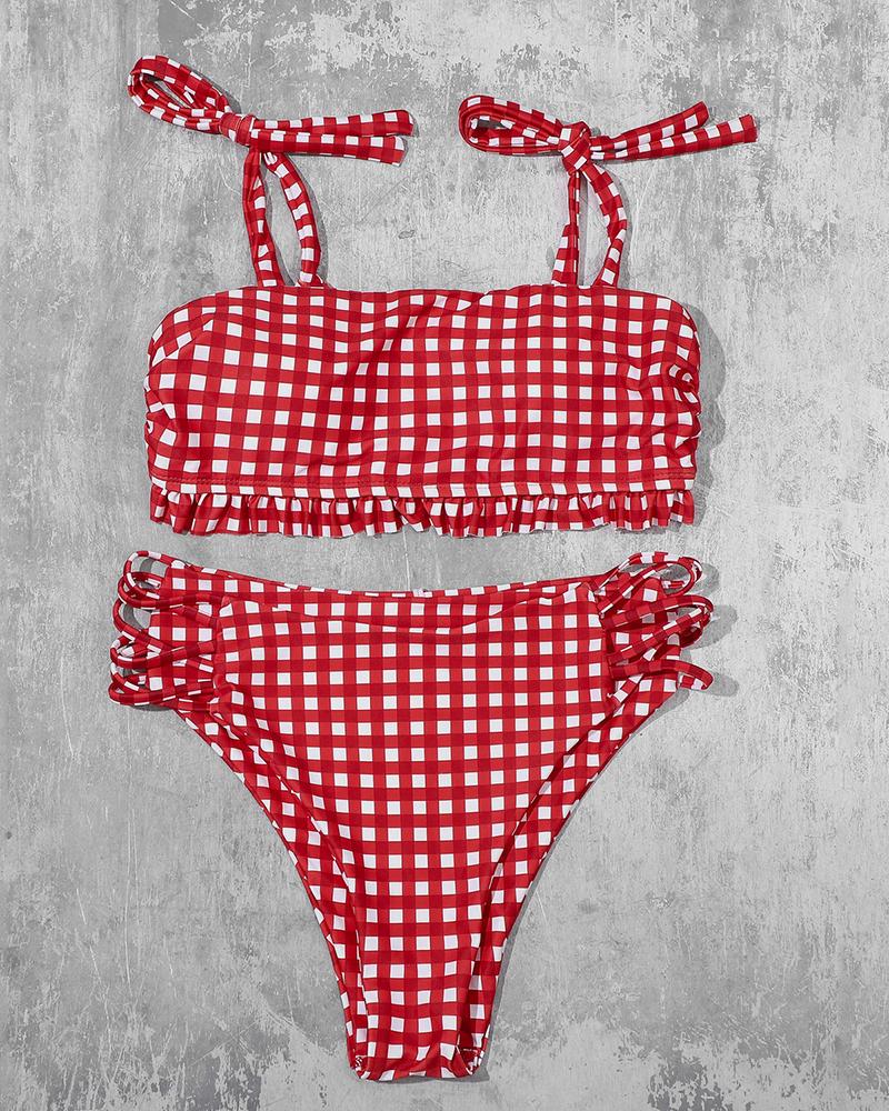 

Plaid Tied Detail Frill Hem Cross Cutout Bikini Set, Red