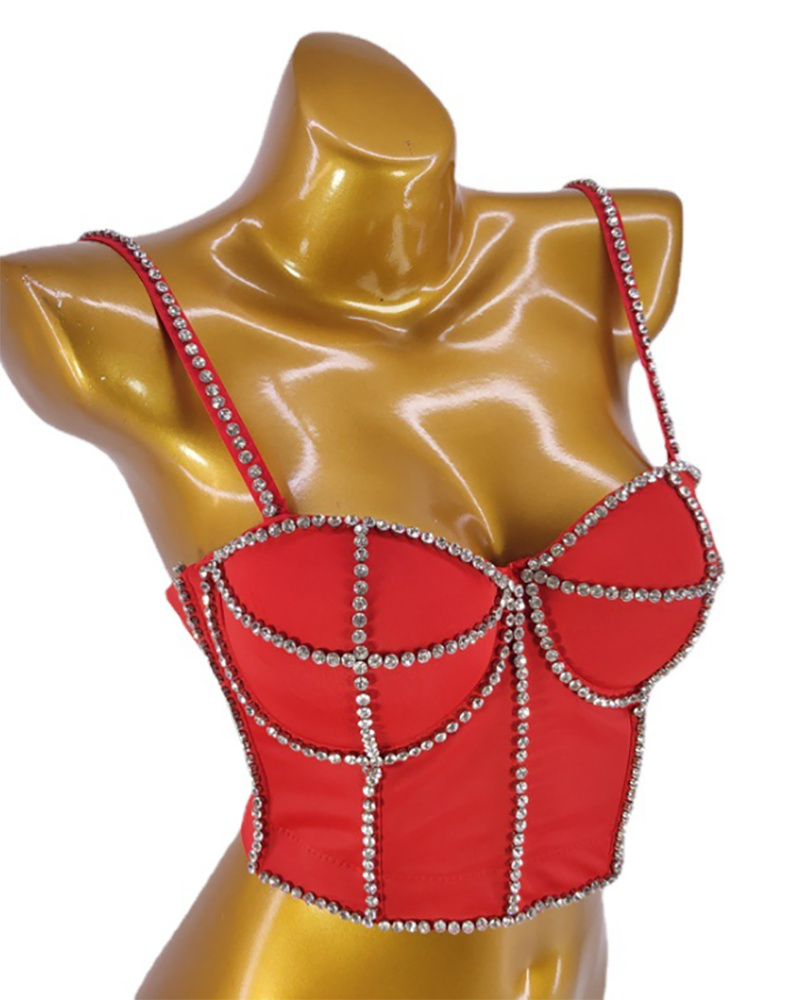 

Rhinestone Decor Spaghetti Strap Corset Crop Top, Red