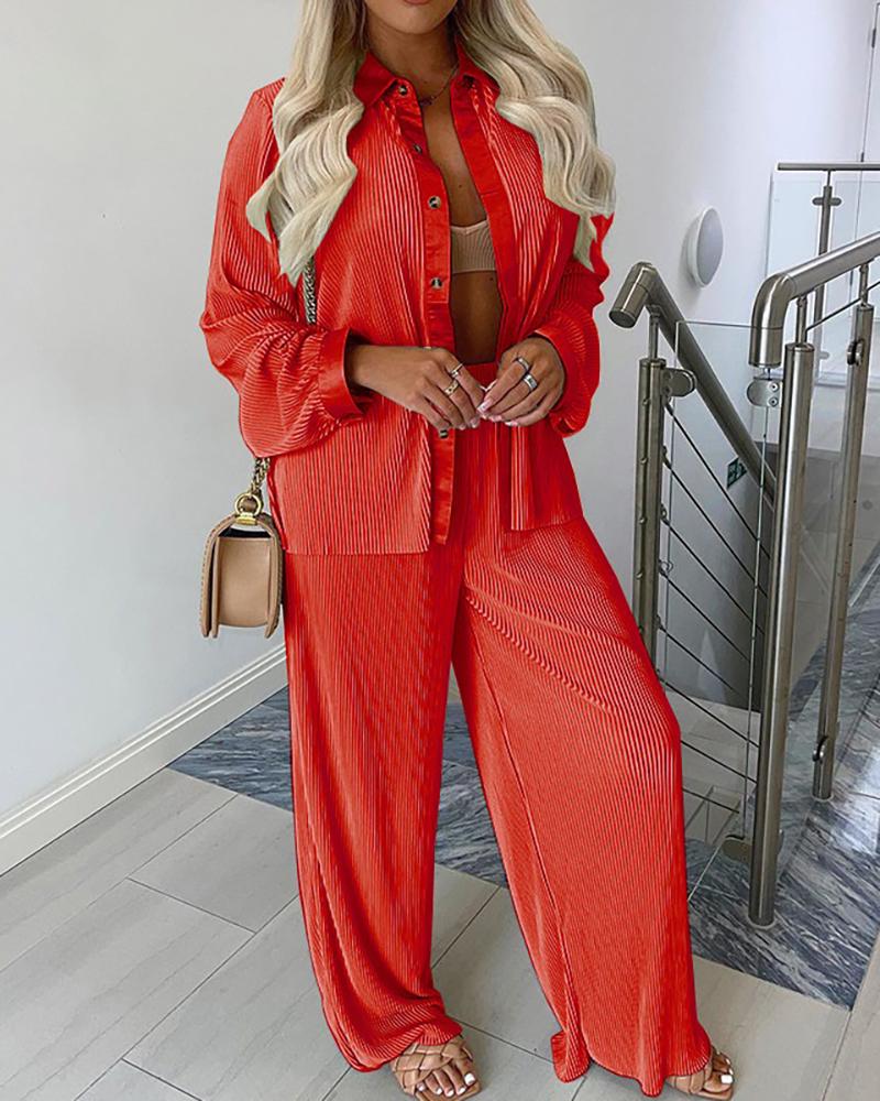

Buttoned Shirt & Wide Leg Pants Set, Red