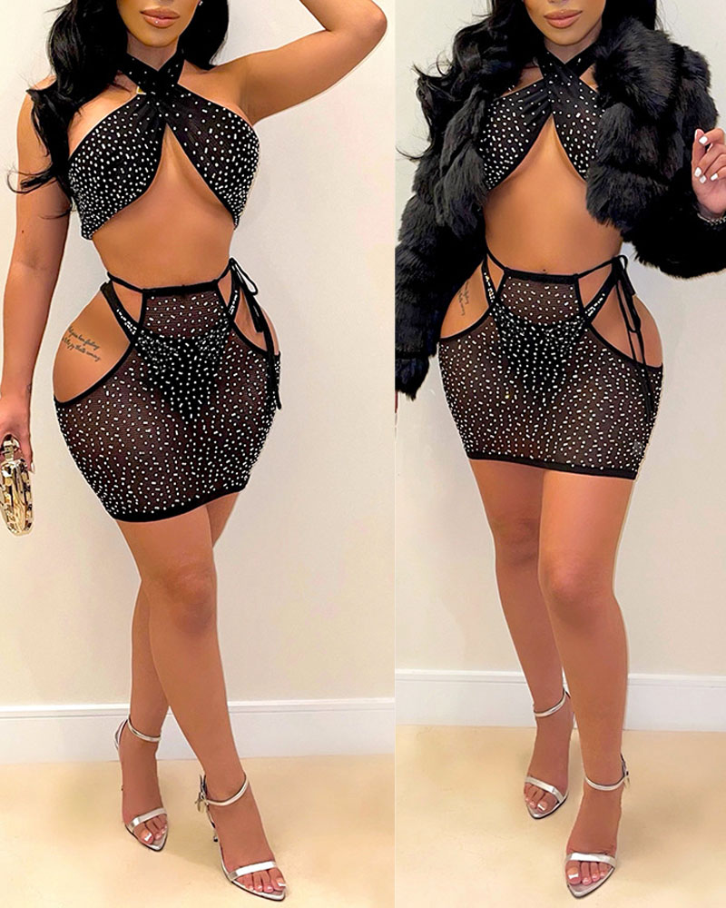 

Rhinestone Sheer Mesh Crop Top & Skirt Set With Panty, Black