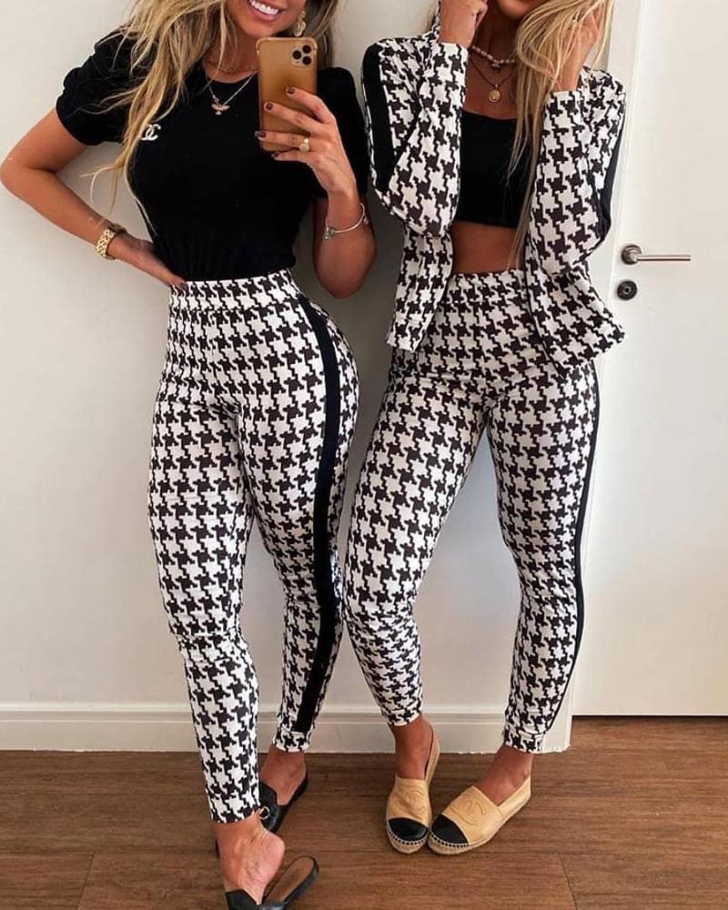 

Houndstooth Colorblock Top & High Waist Pants Set, Black