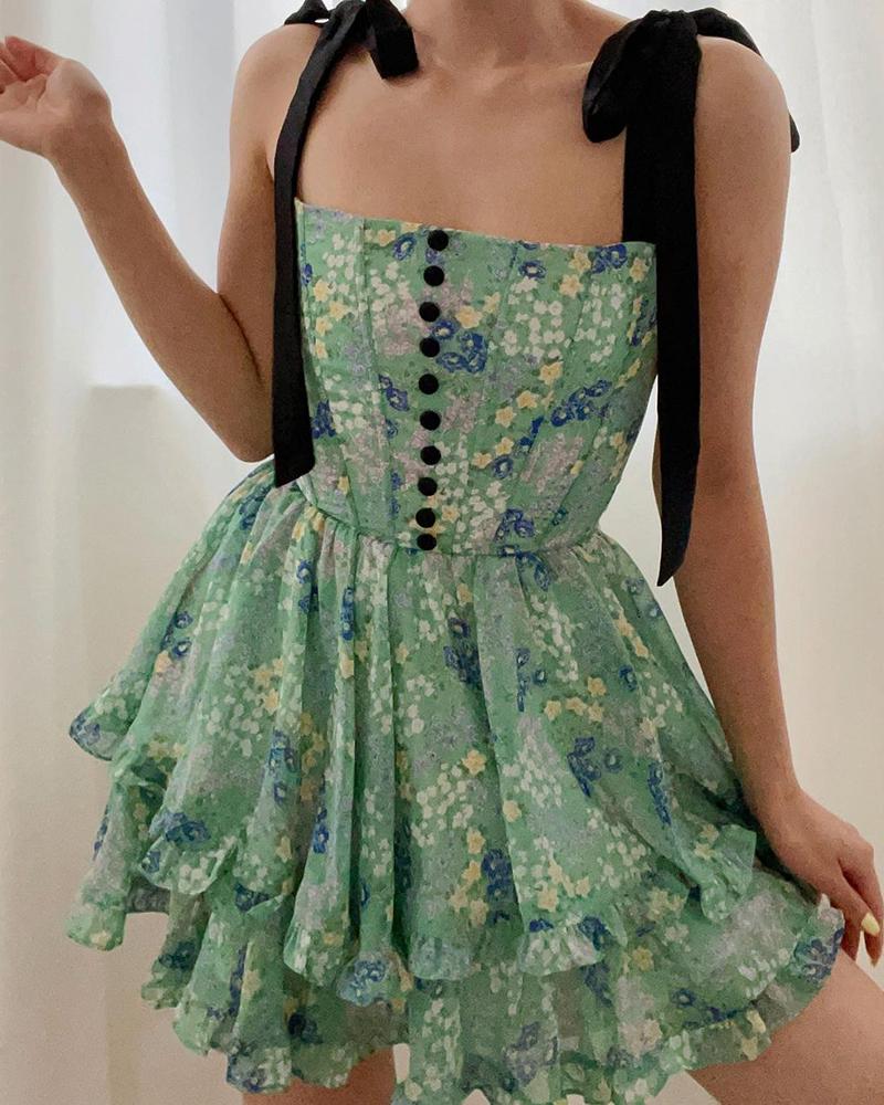 

Floral Print Lace Up Button Design Ruffle Hem Dress, Green