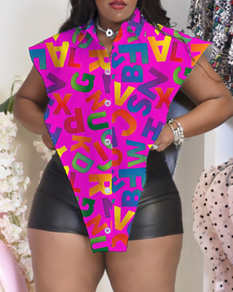 

Plus Size Letter Print Asymmetrical Button Front Top, Hot pink