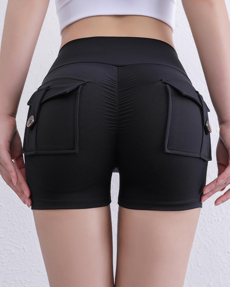 

Pocket Design High Waist Active Shorts, Black
