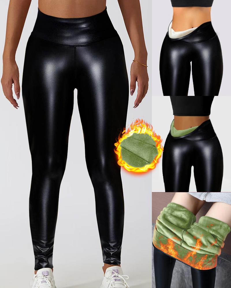 

Thermal Warm Fleece Lined High Waist PU Leather Leggings, Green