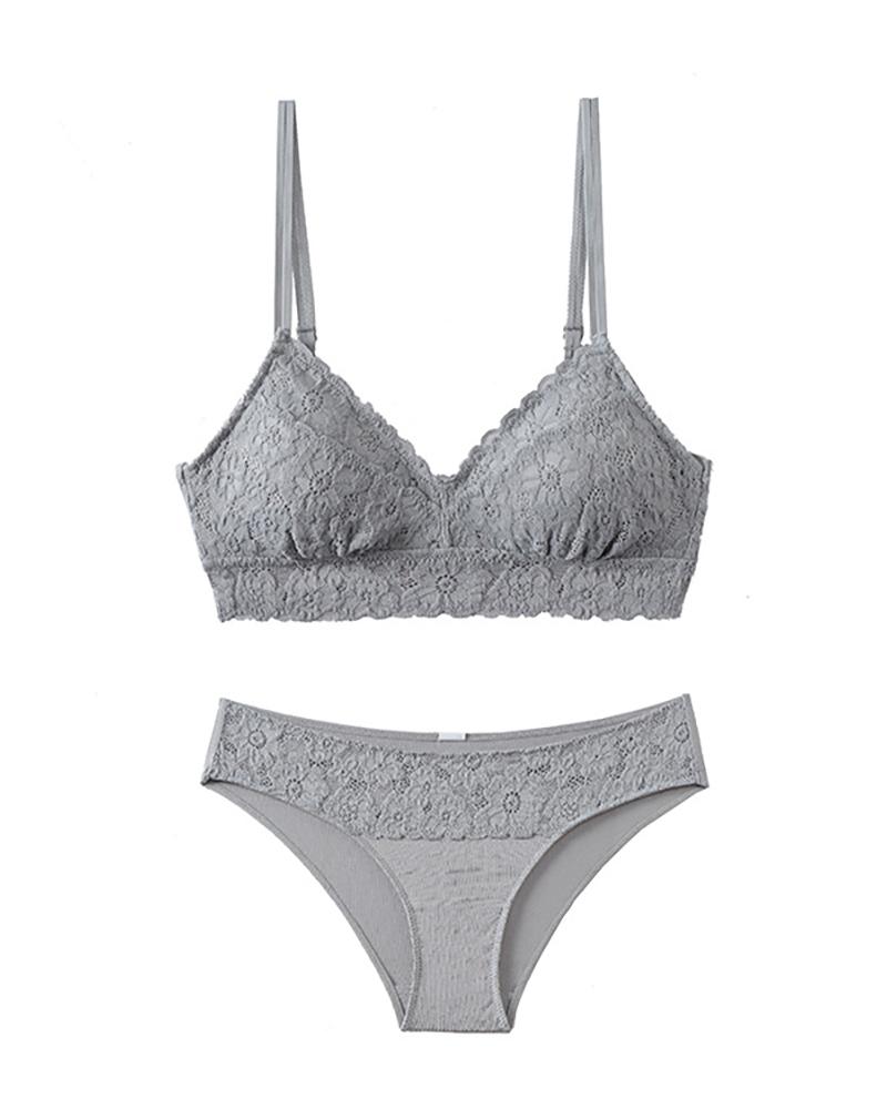 

Plain Wireless Floral Lace Bra Set, Gray
