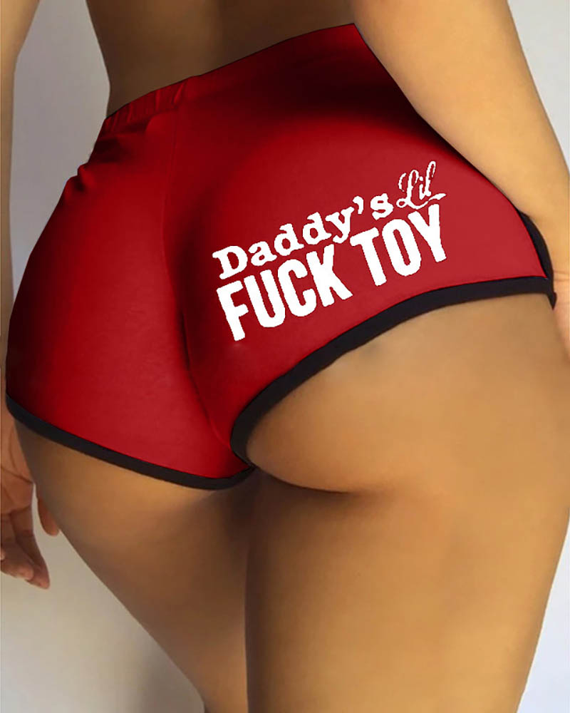 

Letter Slogan Print Contrast Binding Workout Shorts, Wine red