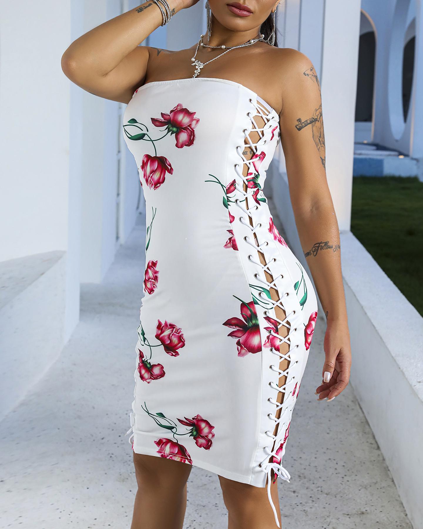 

Floral Lace-Up Side Strapless Bodycon Dress, White