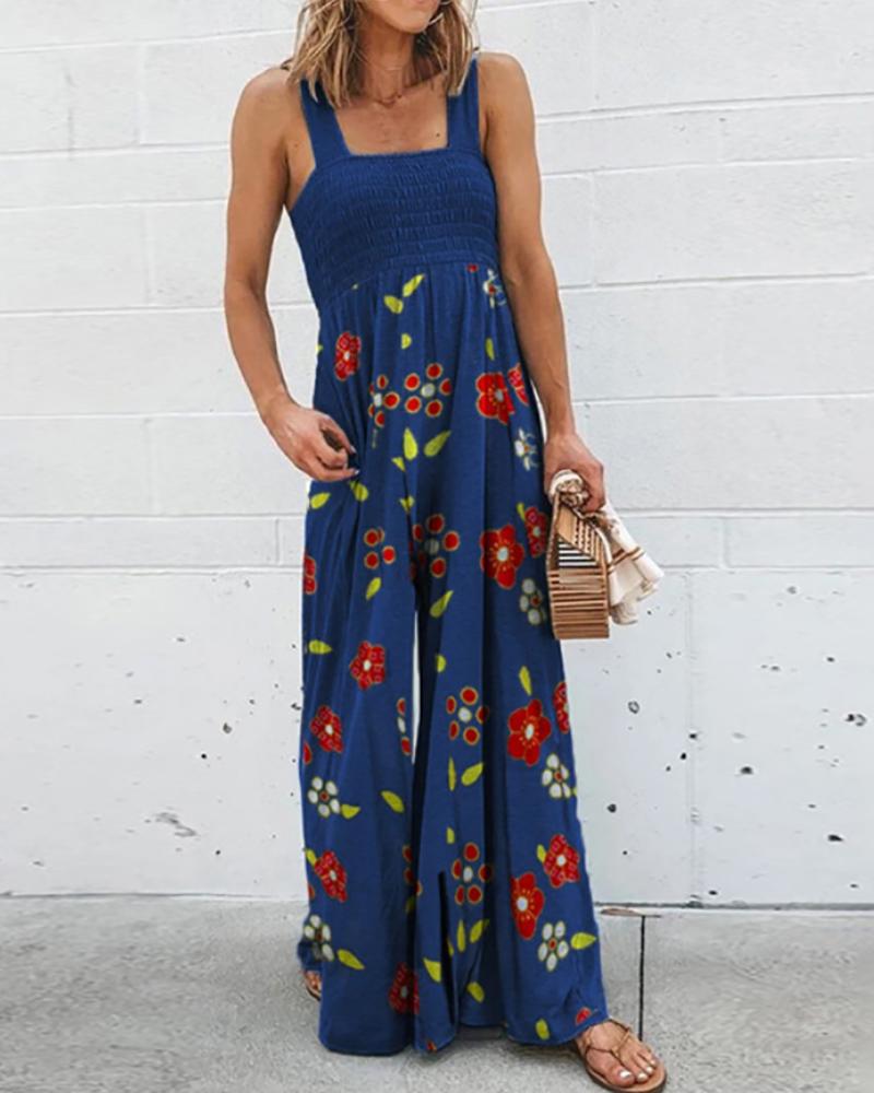 

Floral Print Shirring Detail Wide Leg Jumpsuit, Blue