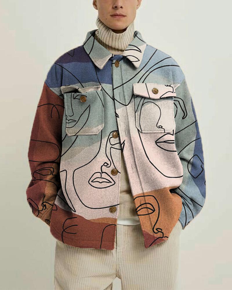 

Abstract Lines Print Long Sleeve Woolen Overshirt, Multicolor
