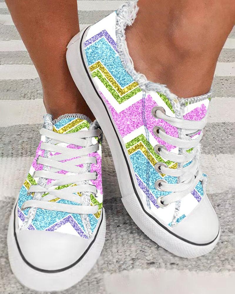 

Easter Chevron Print Fringe Hem Canvas Sneakers, Multicolor