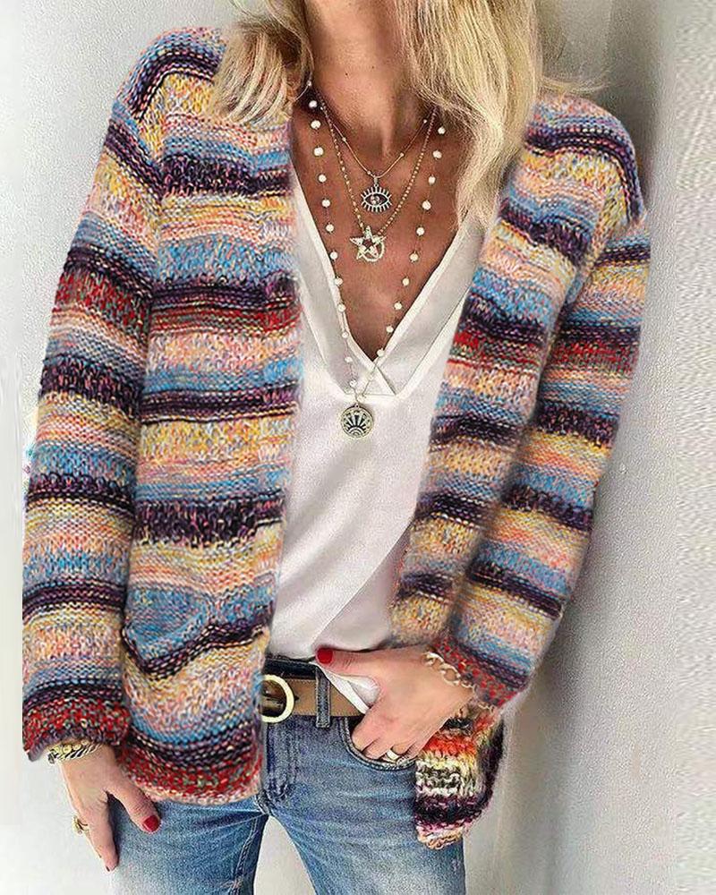 

Rainbow Stripe Knit Open Front Cardigan, Multicolor