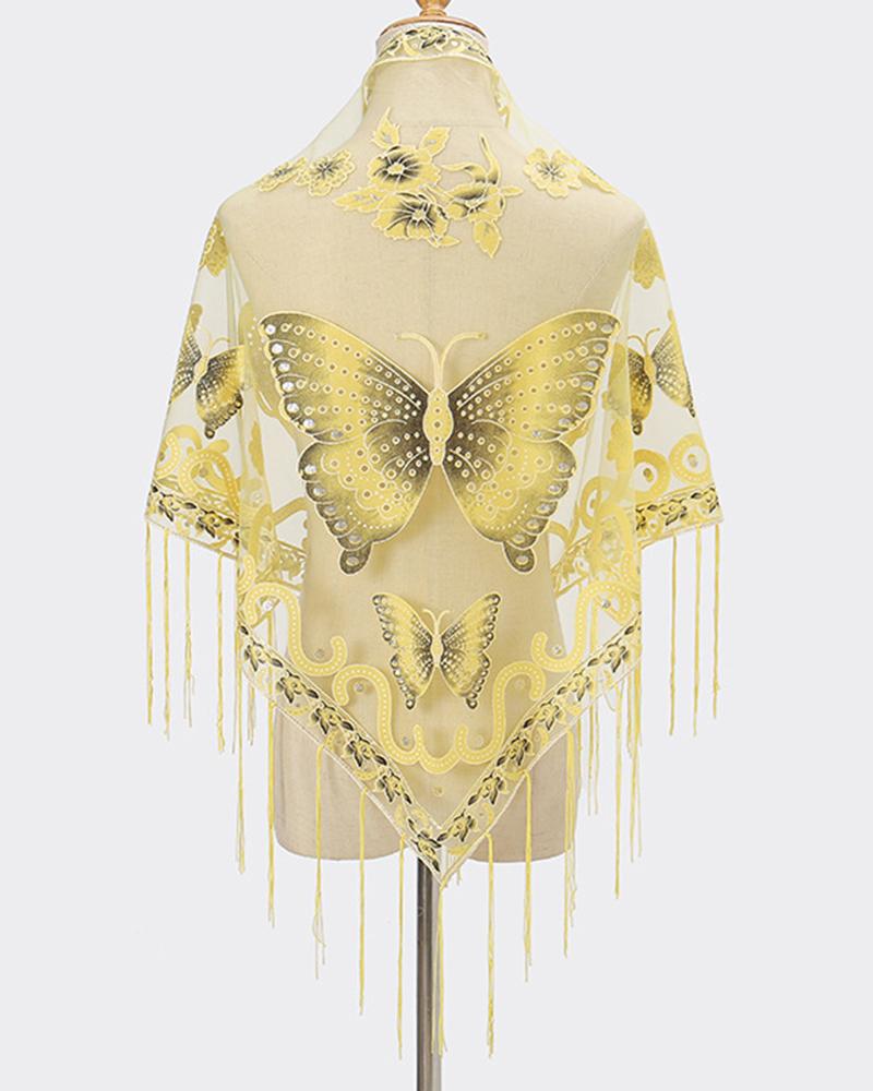 

Triangle Scarf Butterfly Flower Embroidery Lace Tassel Shawl Elegant Breathable Windproof Wrap Outdoor Accessories, Yellow