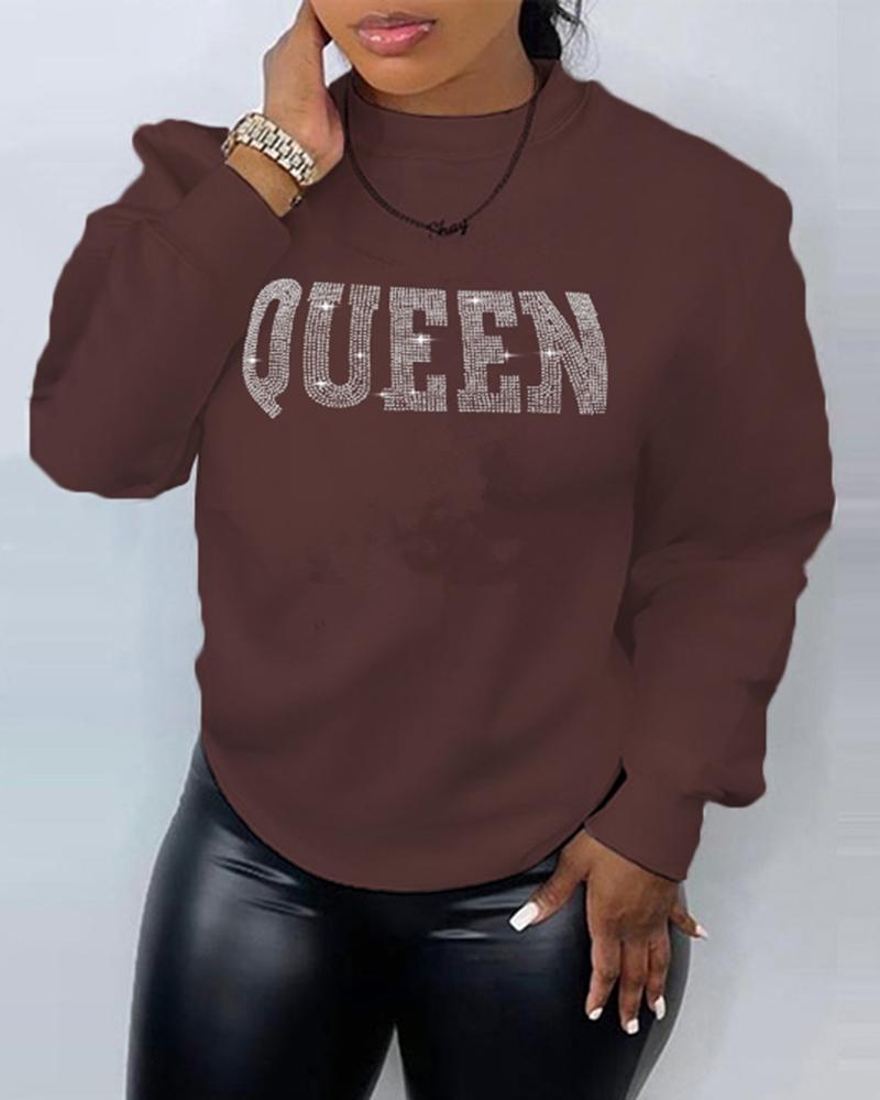 

Rhinestone Letter Queen Pattern O-Neck Sweatshirt, Brown