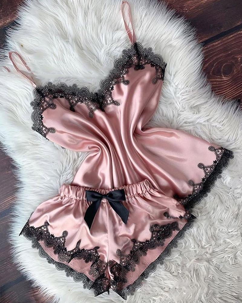 

Contrast Lace Bowknot Cami Set, Pink