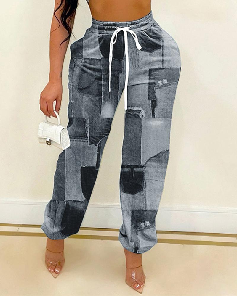

Denim Print Drawstring Pocket Design Cuffed Pants, Gray