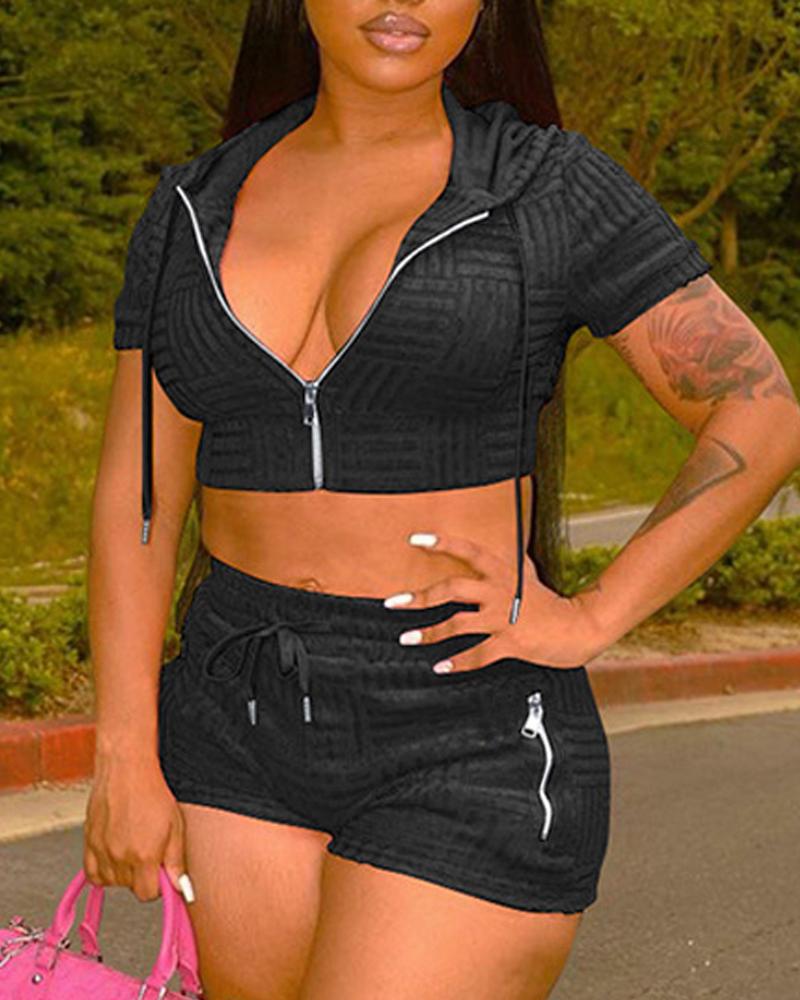 

Zipper Fly Textured Hooded Top & Drawstring Shorts Set, Black