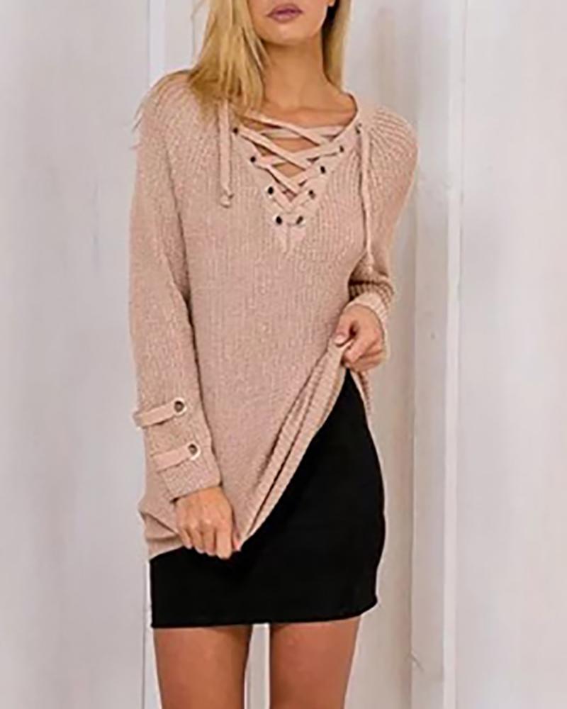 

Long Sleeve Eyelet Lace-up Knit Sweater Dress, Apricot