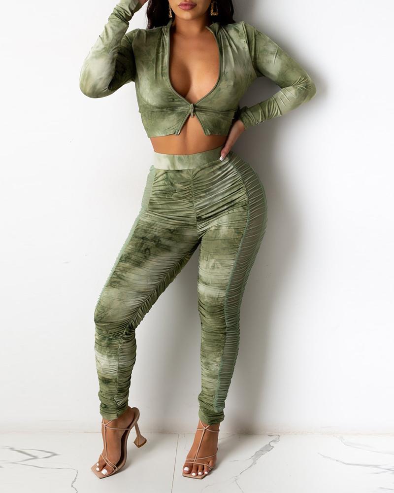 

Tie Dye Print Zip Crop Top & Ruched Pants Set, Army green