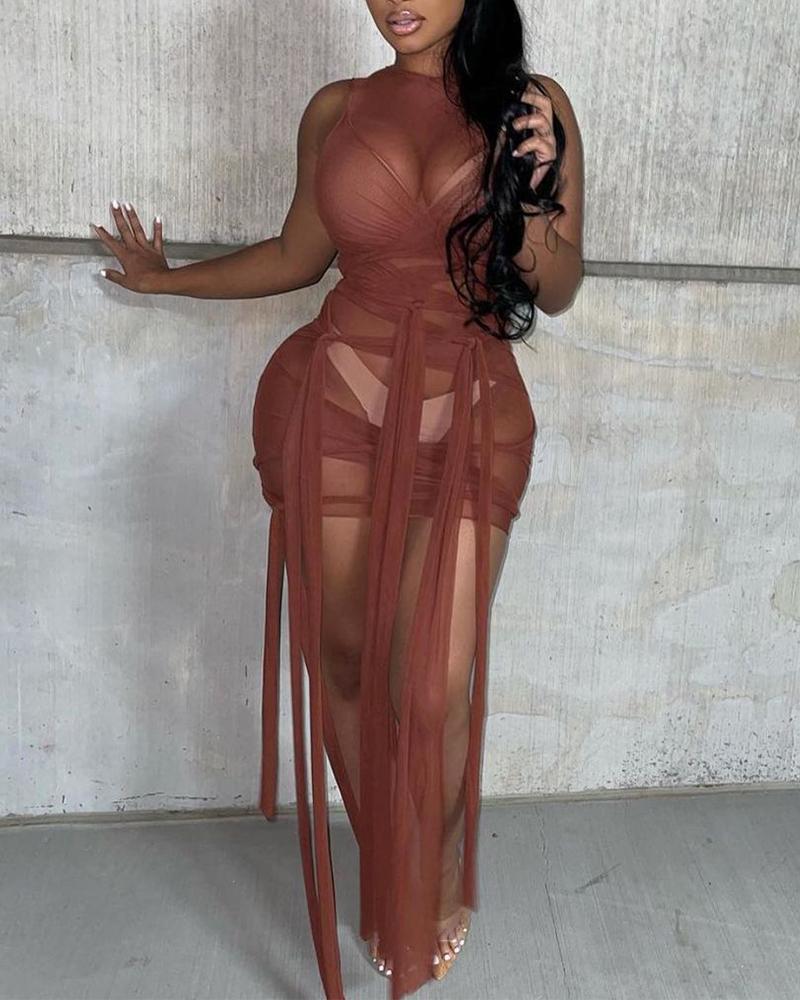 

Lace-Up Sheer Bodycon Tank Dress, Brown