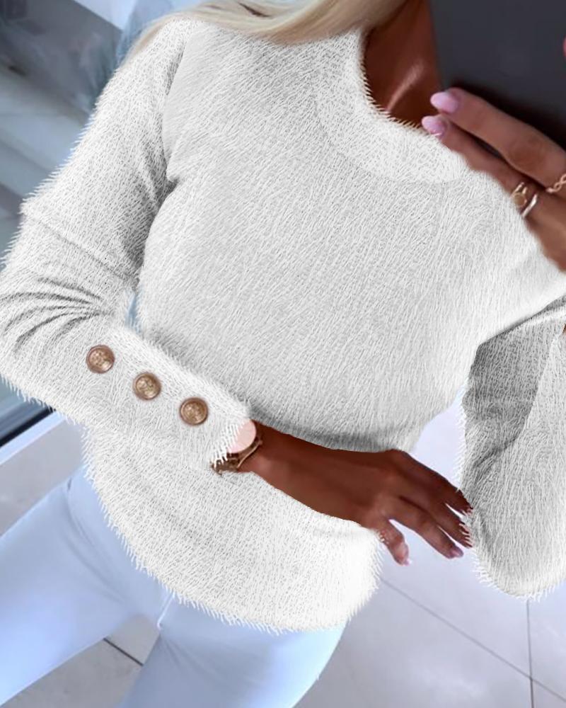 

Meatal Button Mock Neck Fuzzy Top, White