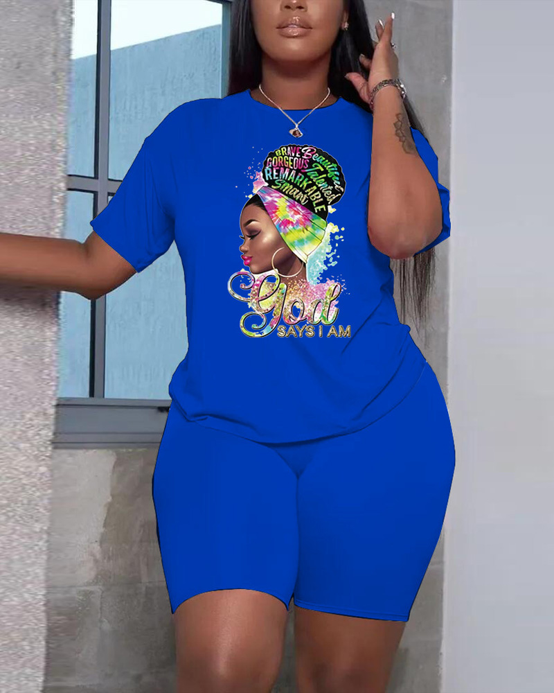 

Plus Size Figure Letter Print Casual Top & Shorts Set, Blue