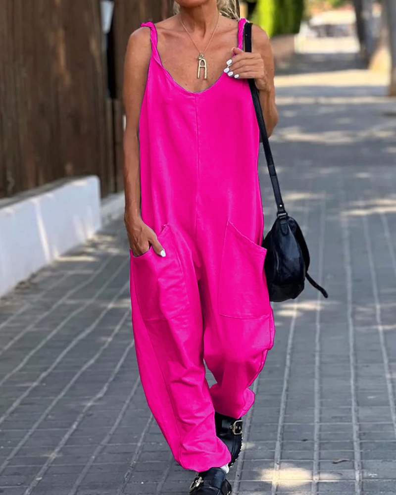 

Pocket Design V-Neck Sleeveless Jumpsuit, Hot pink