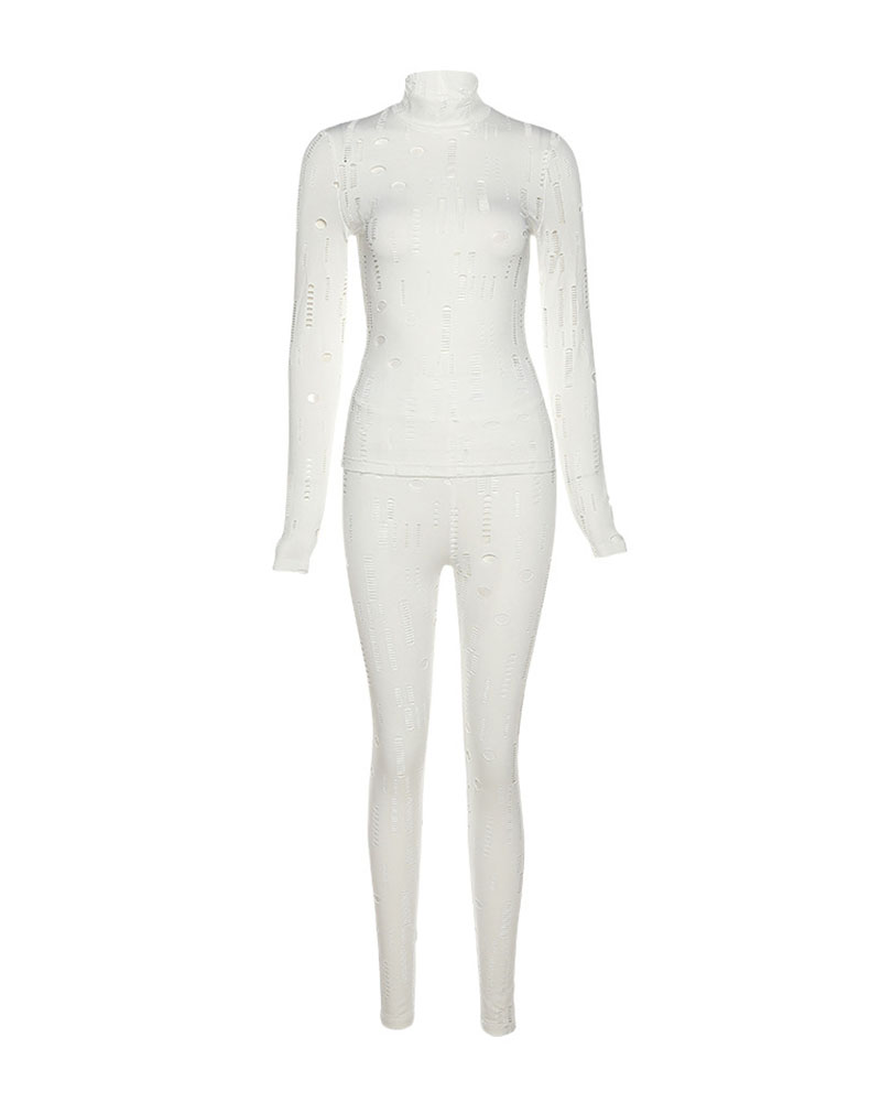 

Hollow Out Long Sleeve Top & Pants Set, White